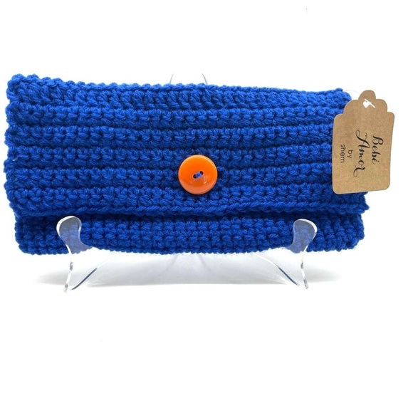 NWT Handmade Crochet Clutch Blue Orange - Picture 1 of 7